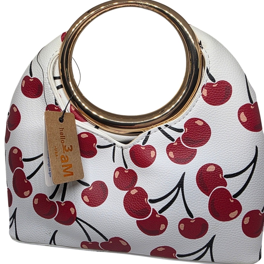 Hello 3 AM Cherry Print Handbag White Gold Ring Handle Retro Coquette NWT